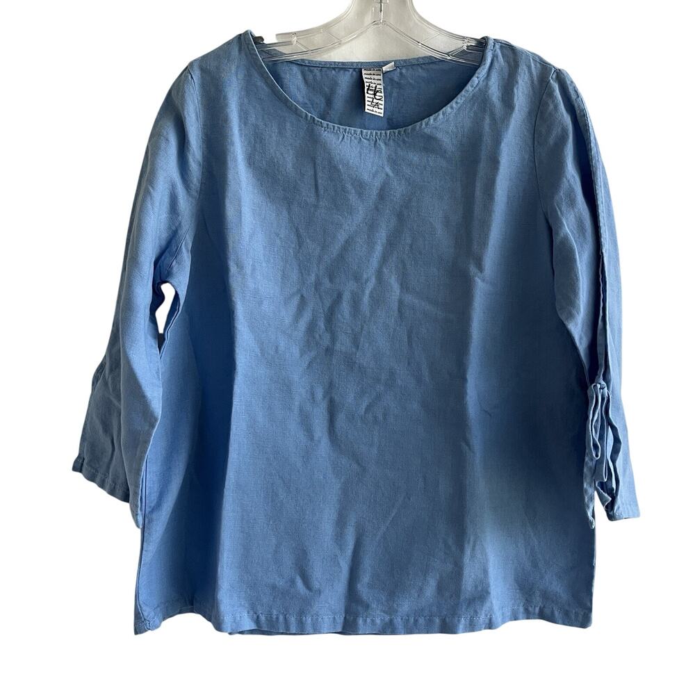 HC LA blue linen 3/4 tie-sleeve blue blouse size M, made in USA, fall, casual